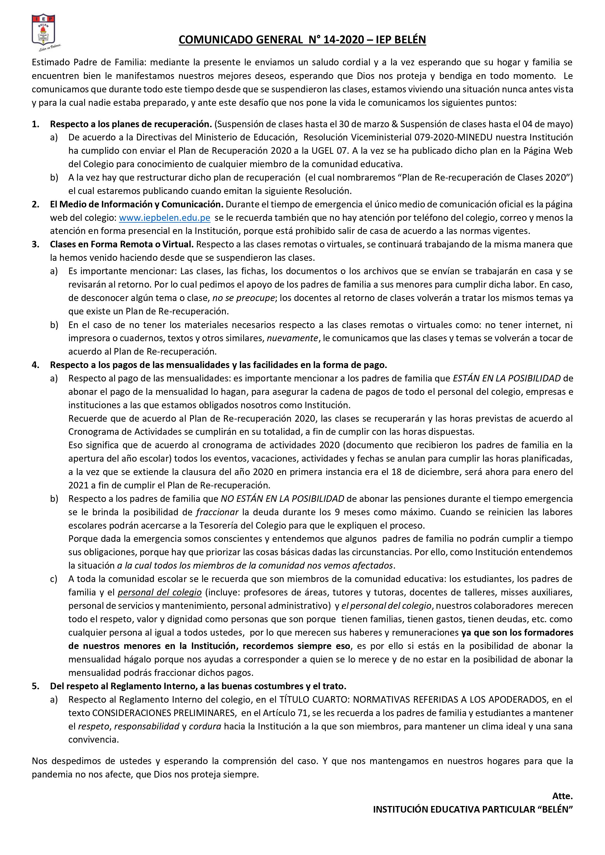 Comunicado General N° 14-2020