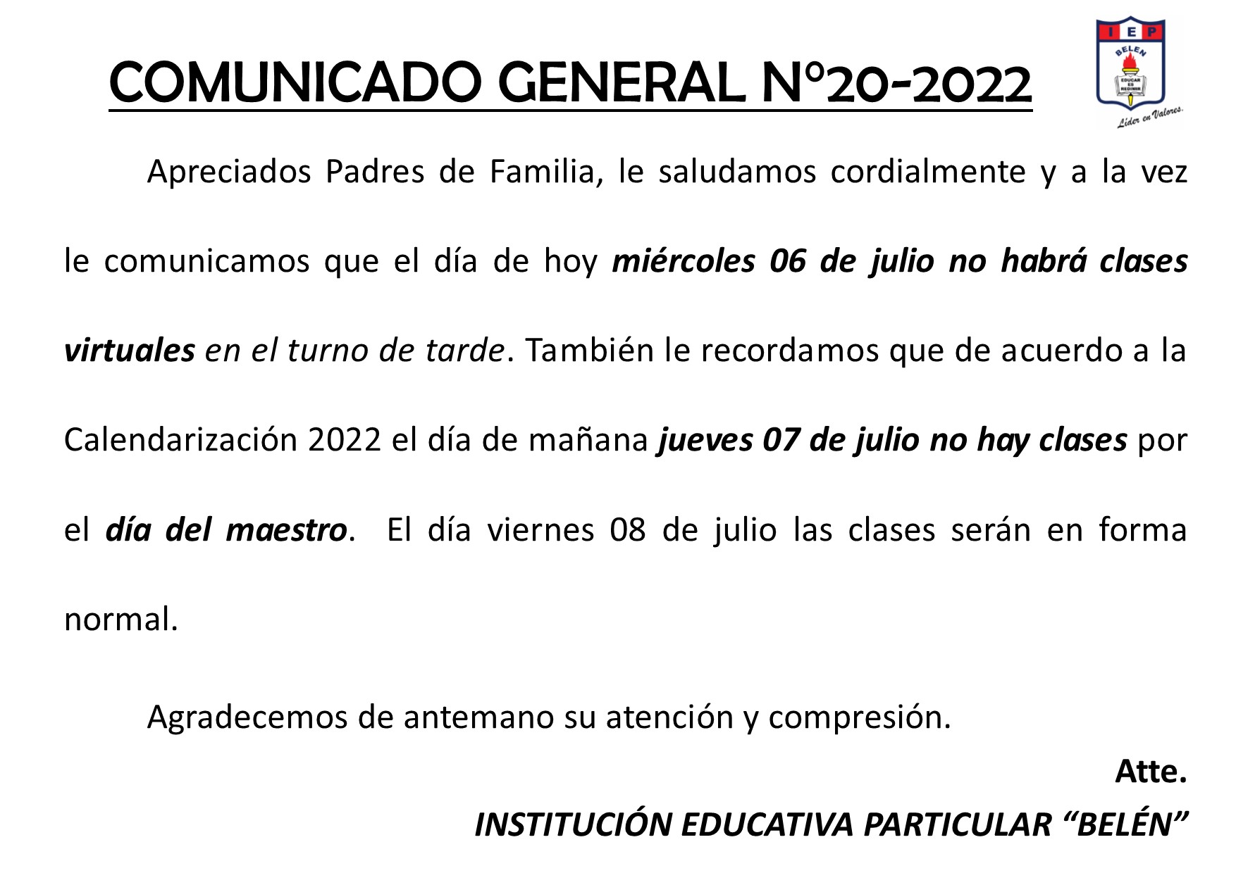Comunicado General N° 20-2022
