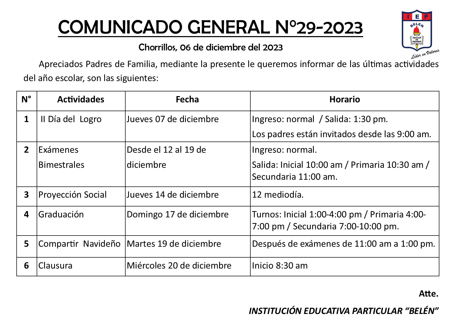 Comunicado General N° 29-2023