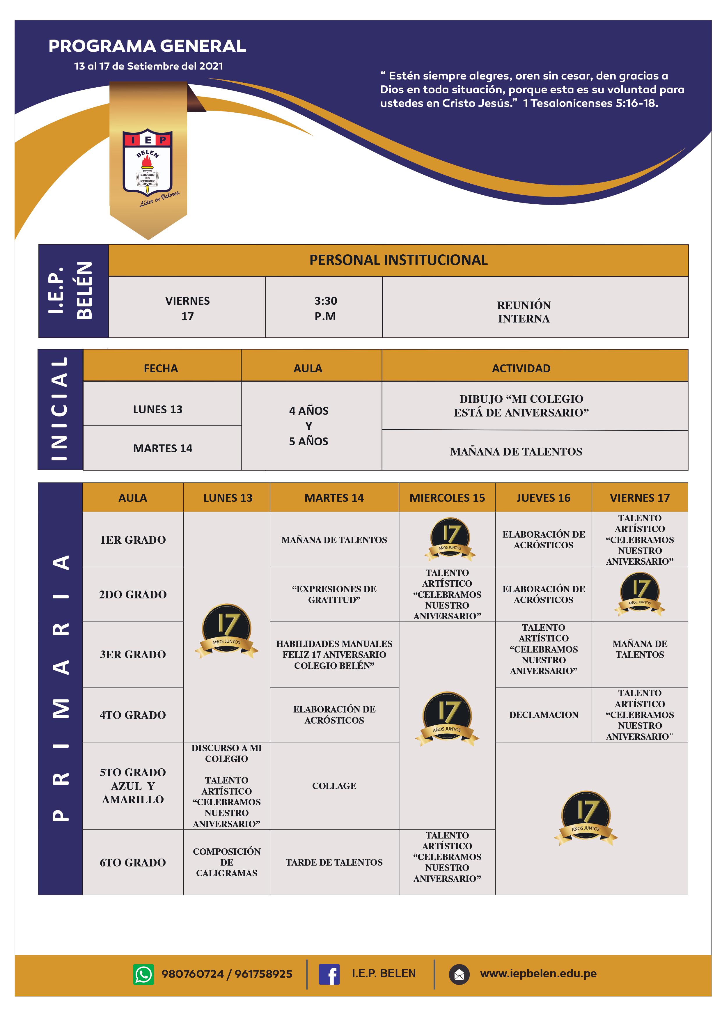 Programación de Actividades de Aniversario IEPBELEN