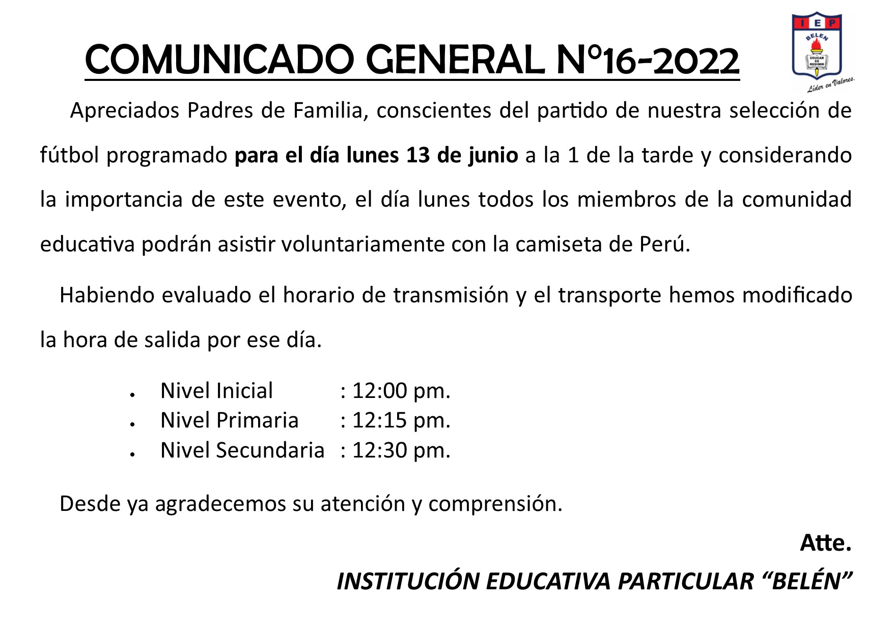 Comunicado General N° 16-2022