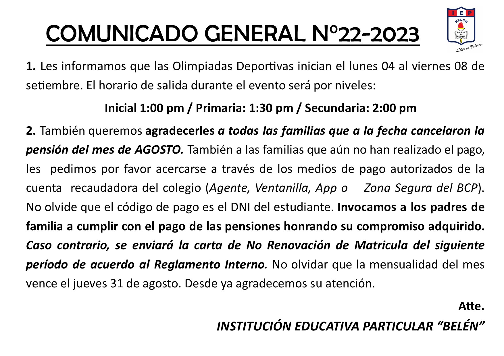 Comunicado General N° 22-2023