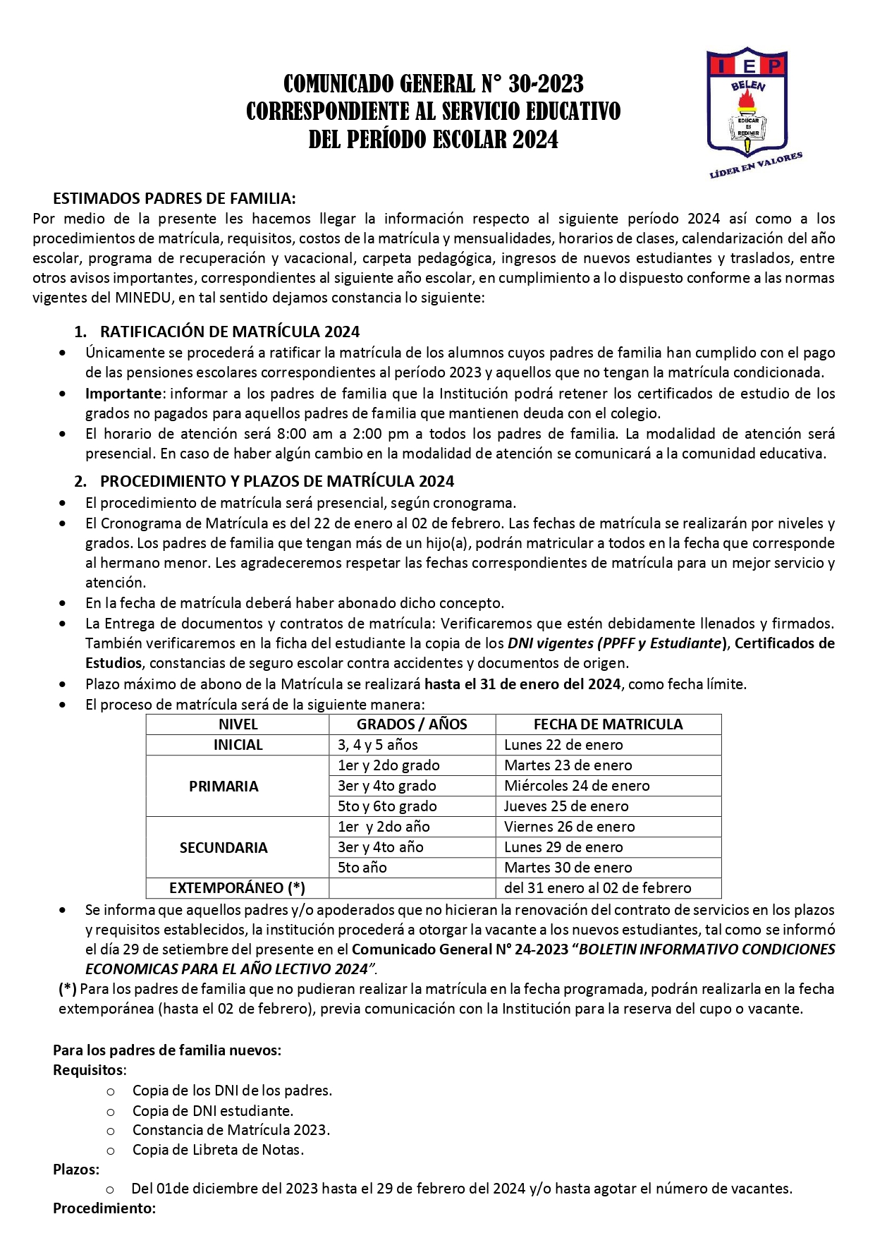 Comunicado General N° 30-2023