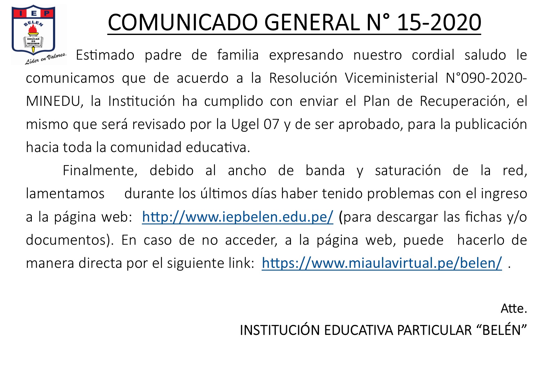 Comunicado General N° 15-2020