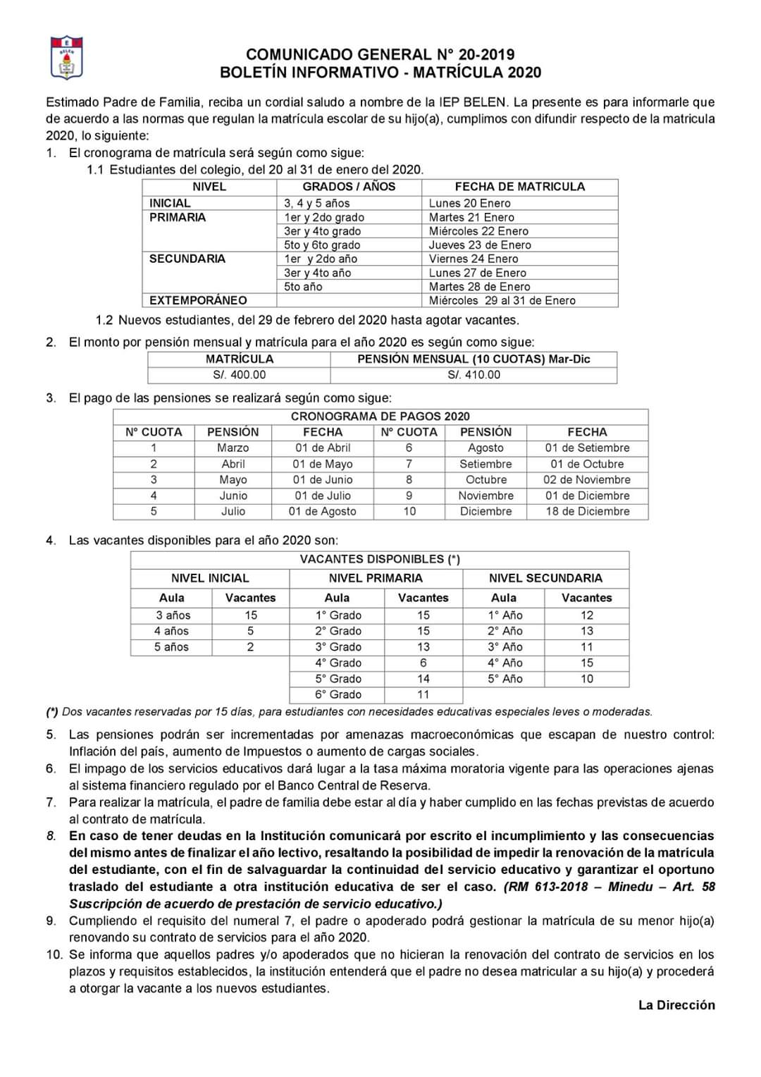 Comunicado General 20-2019