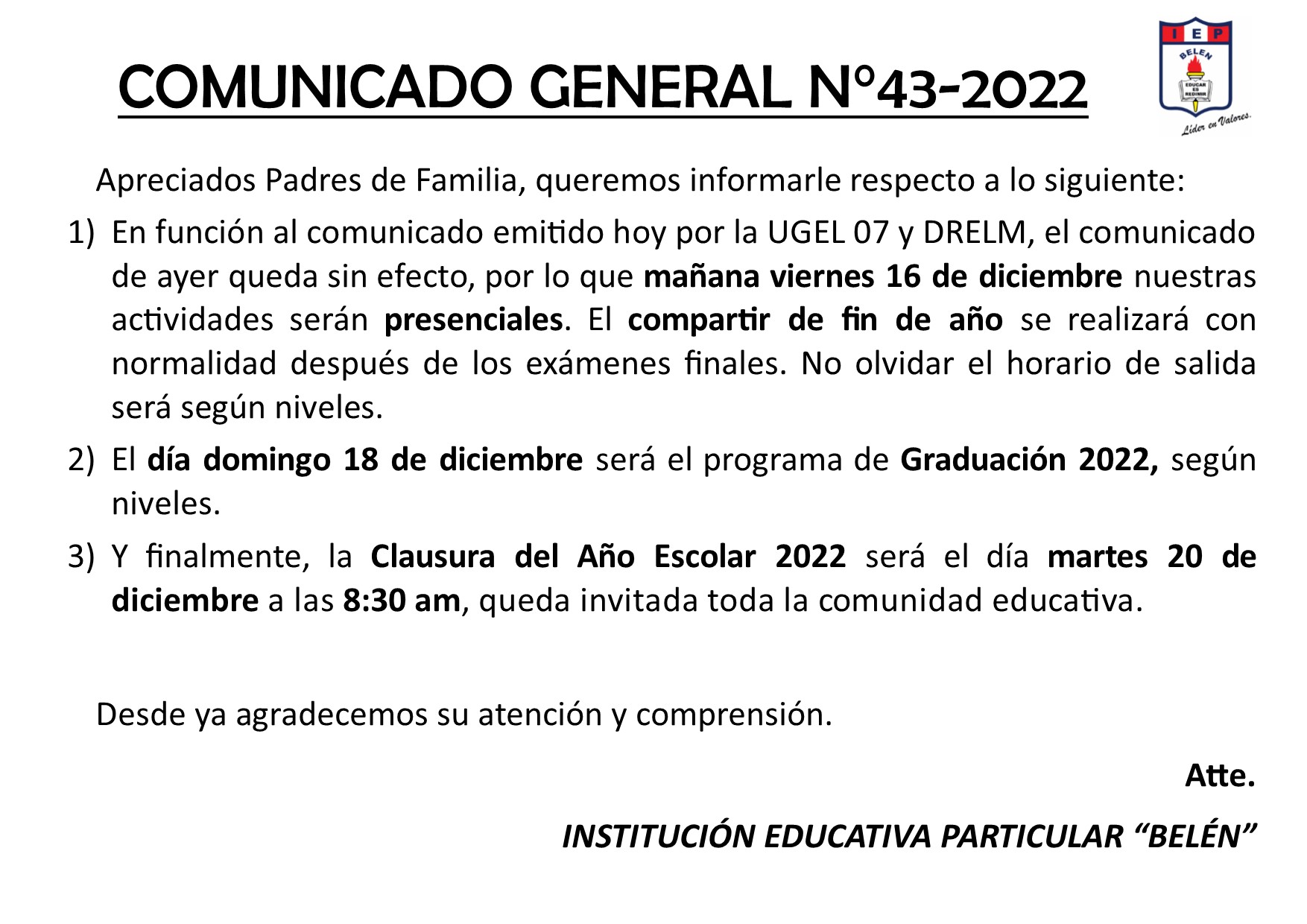 Comunicado General N° 43-2022
