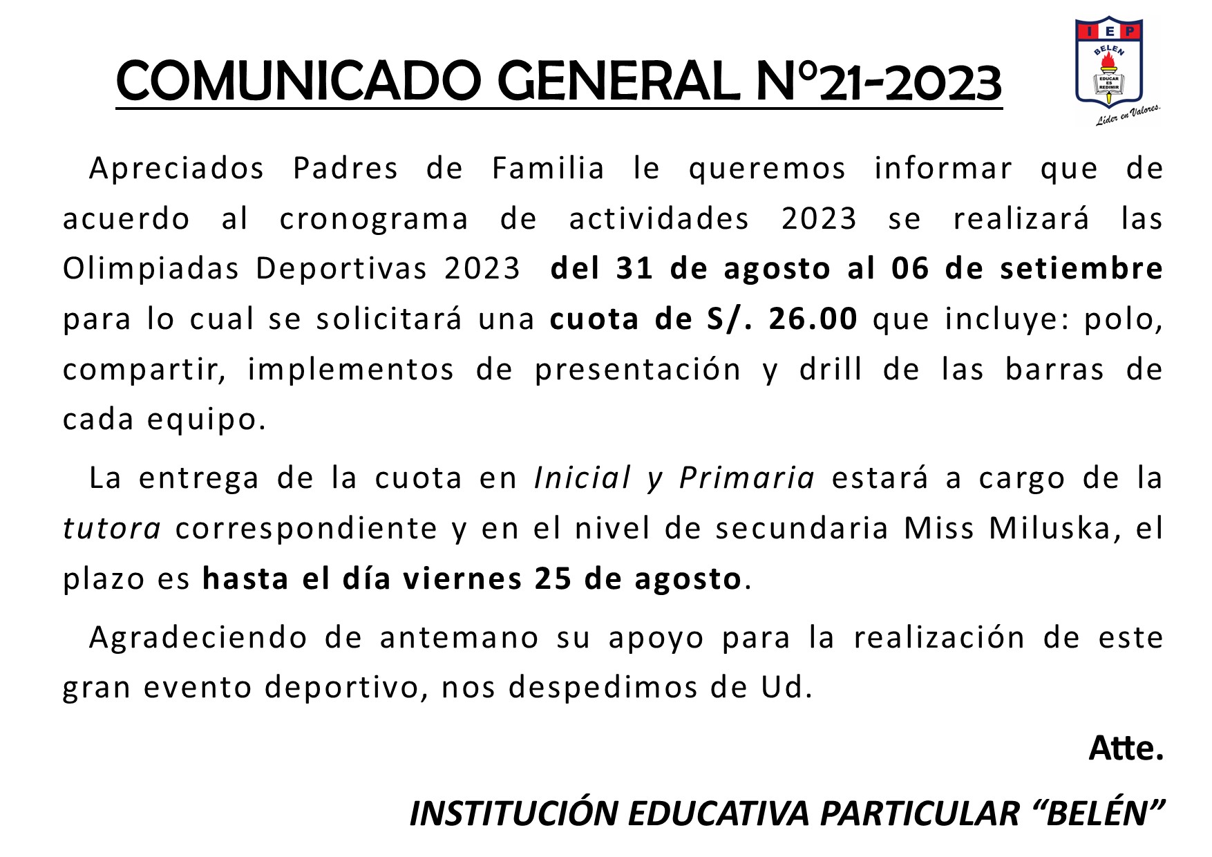 Comunicado General N° 21-2023