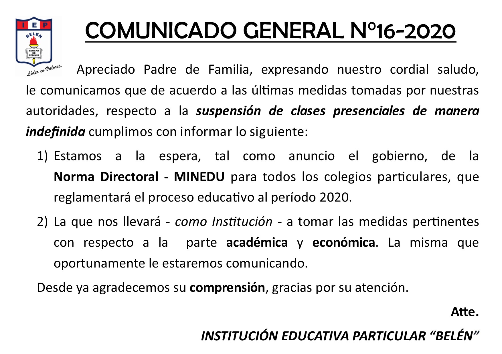 Comunicado General N° 16-2020