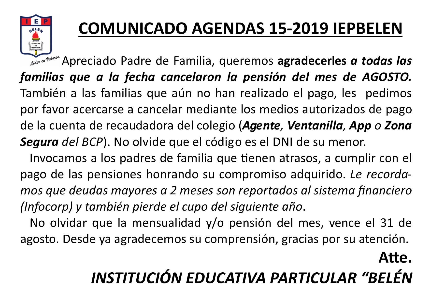 Comunicado Agenda 15-2019