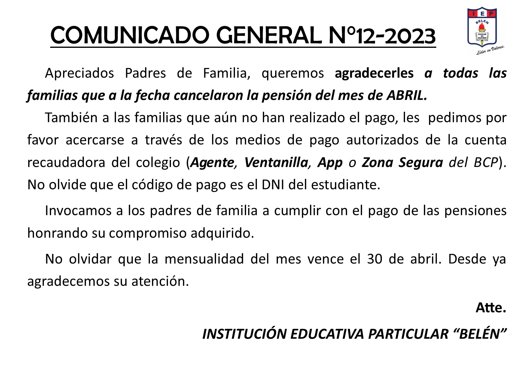 Comunicado General N° 12-2023