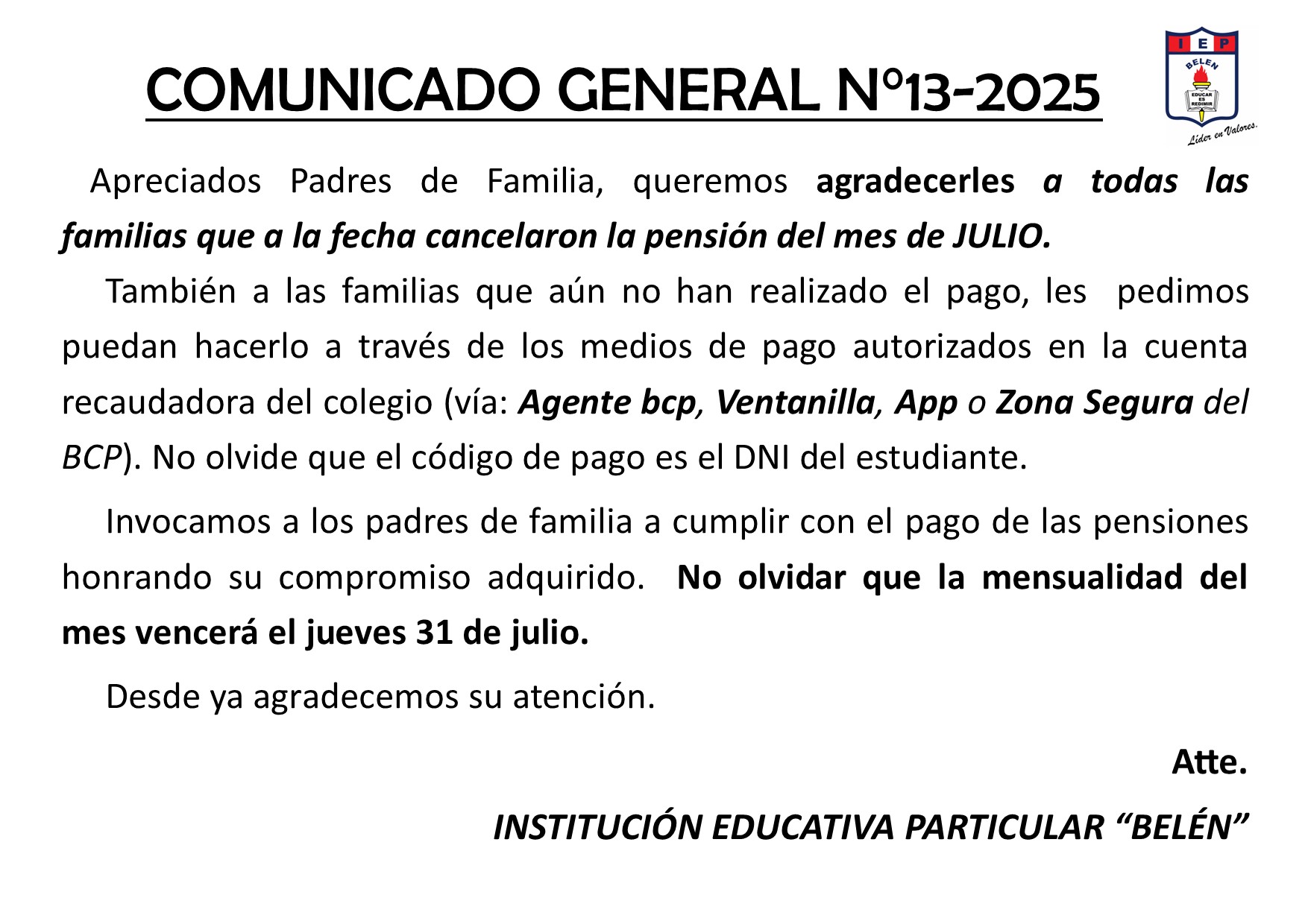 COMUNICADO GENERAL N°13-2025
