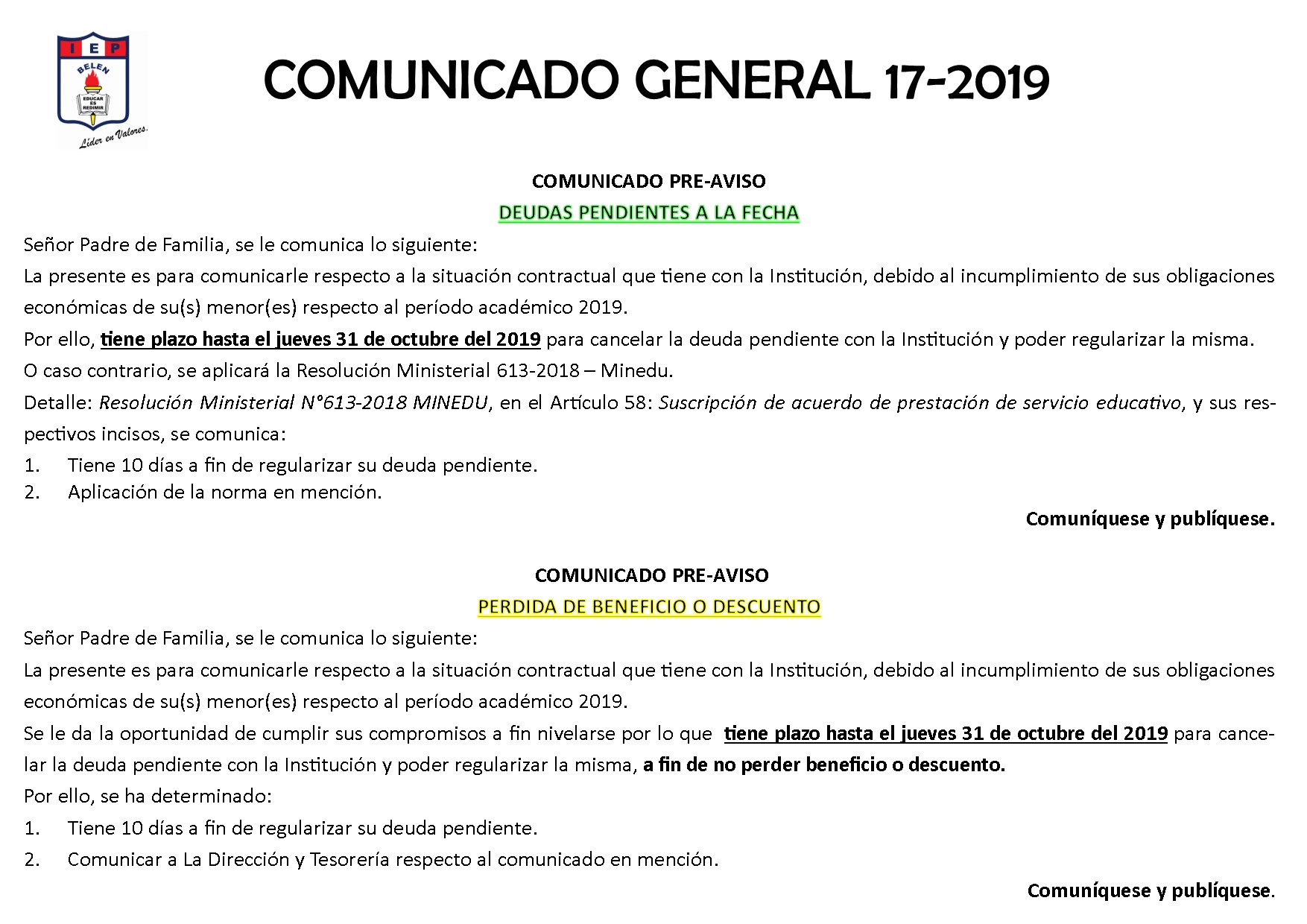 Comunicado General 17-2019