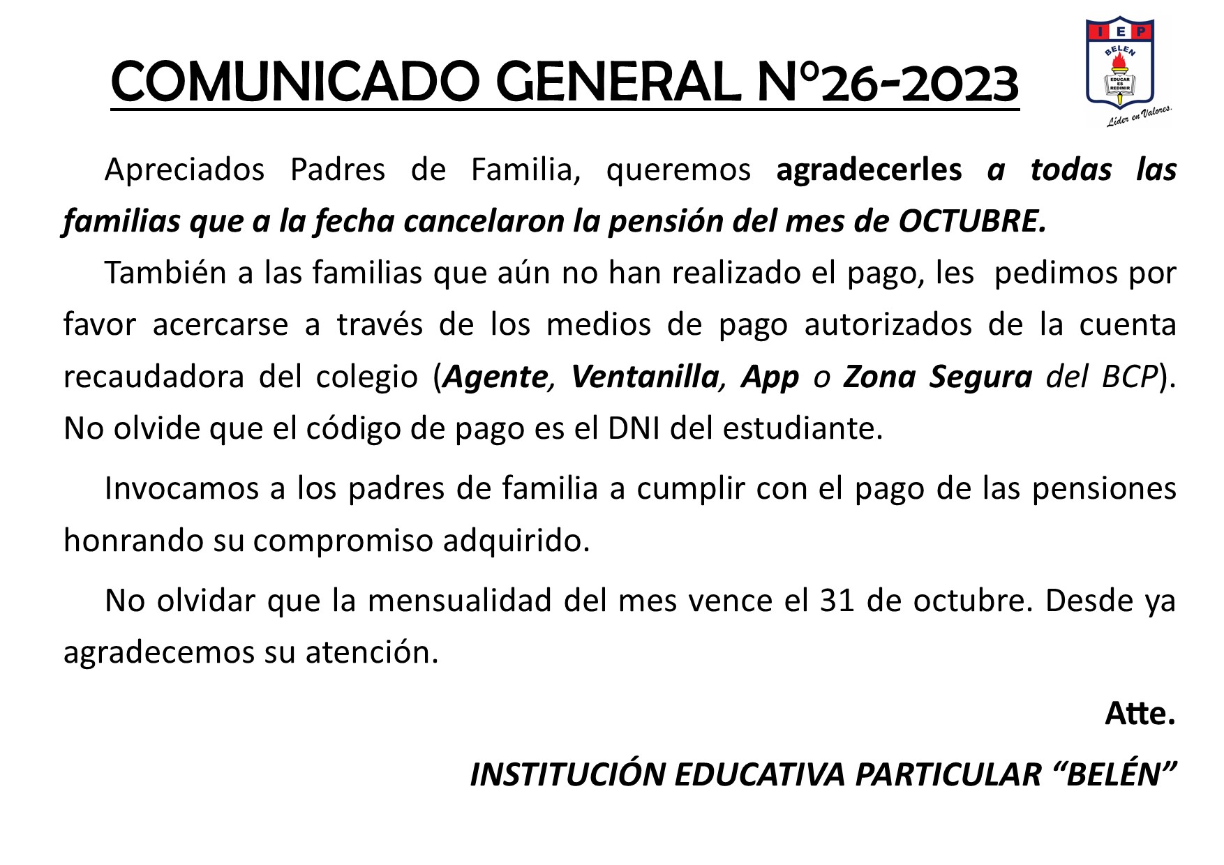 Comunicado General N° 26-2023