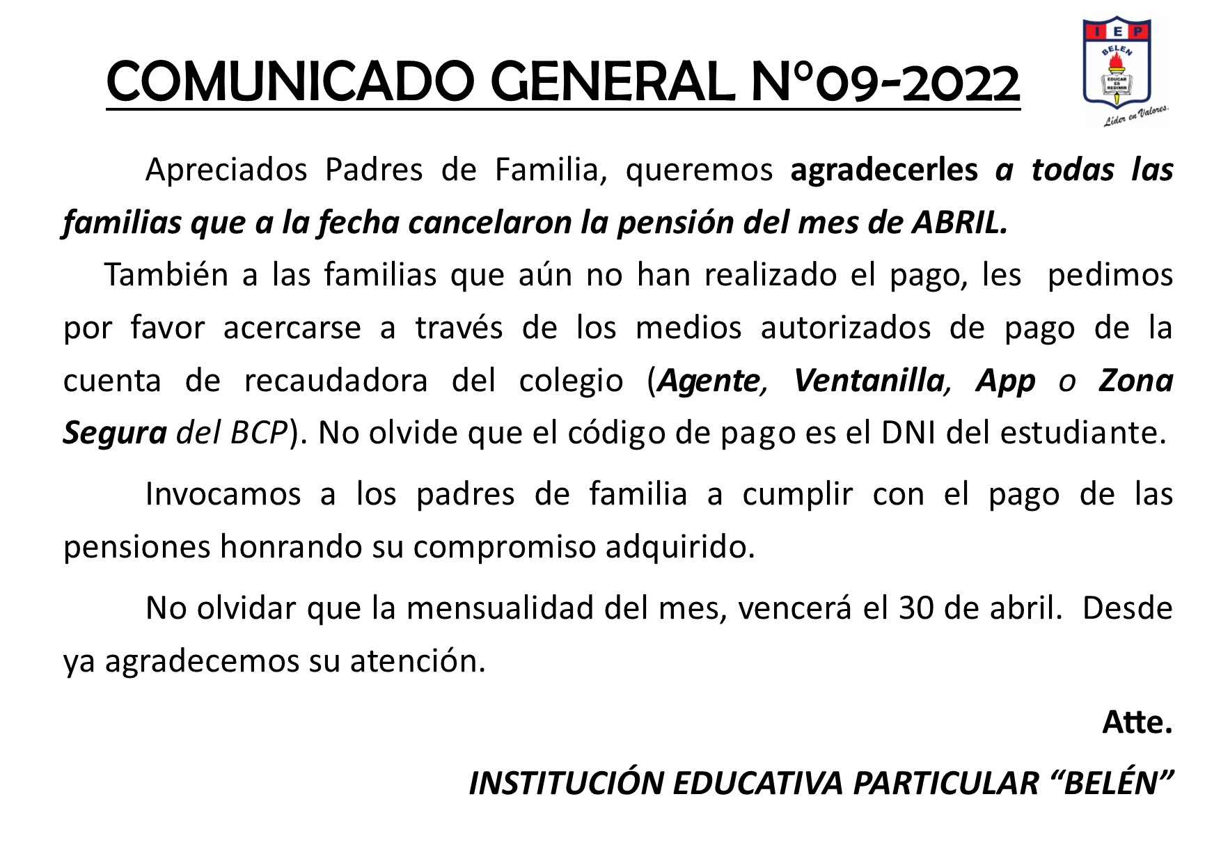 Comunicado General N° 09-2022
