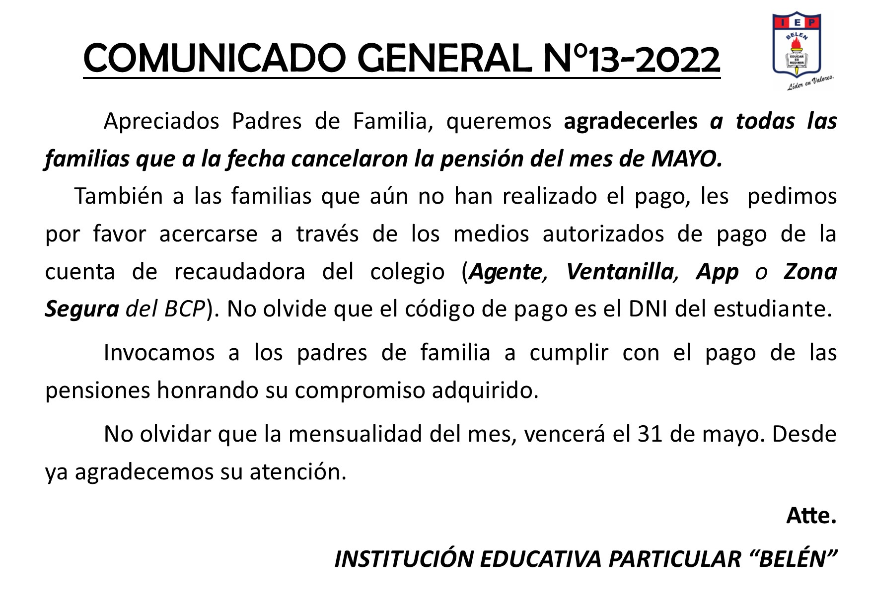 Comunicado General N° 13-2022