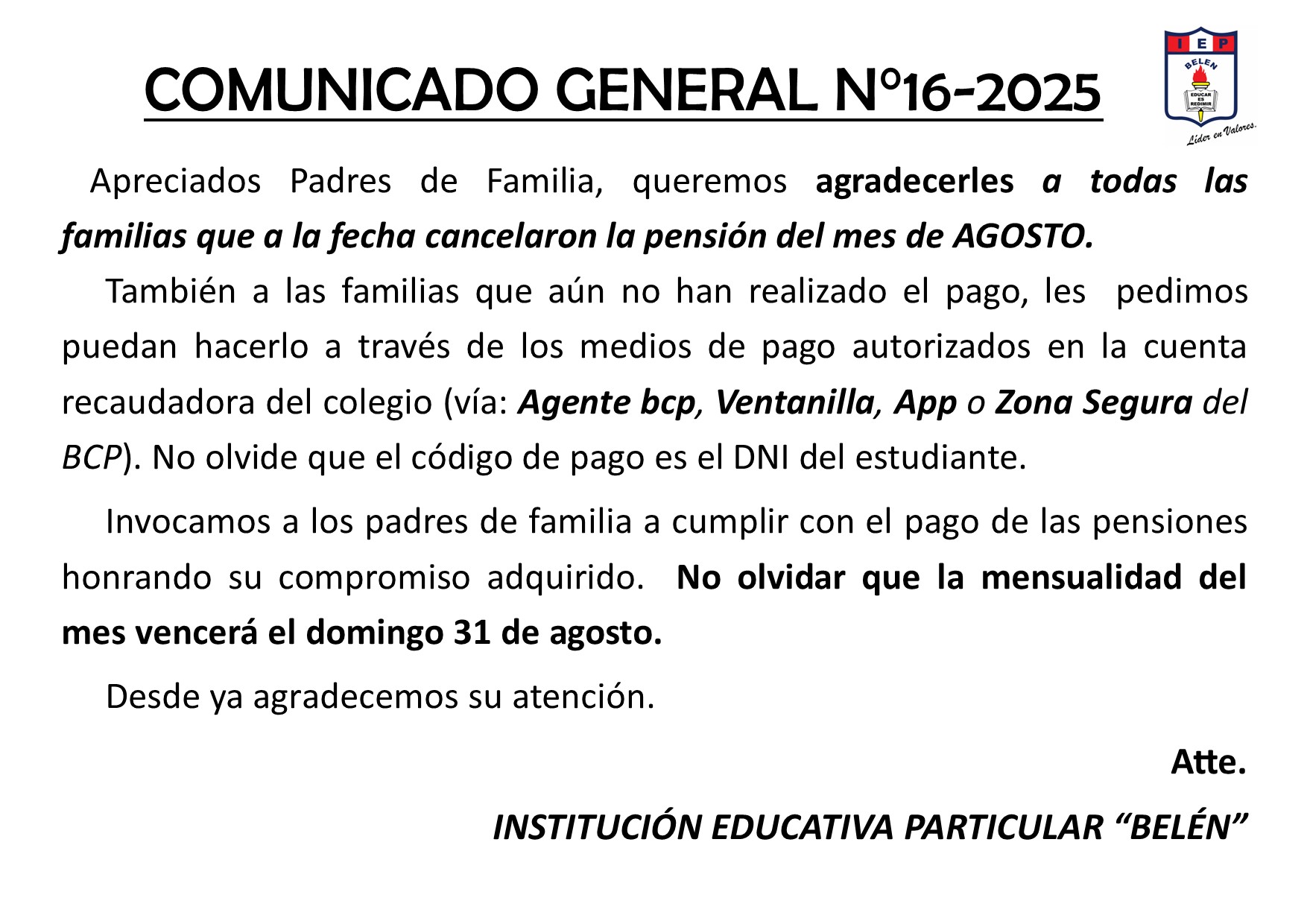 COMUNICADO GENERAL N°16-2025