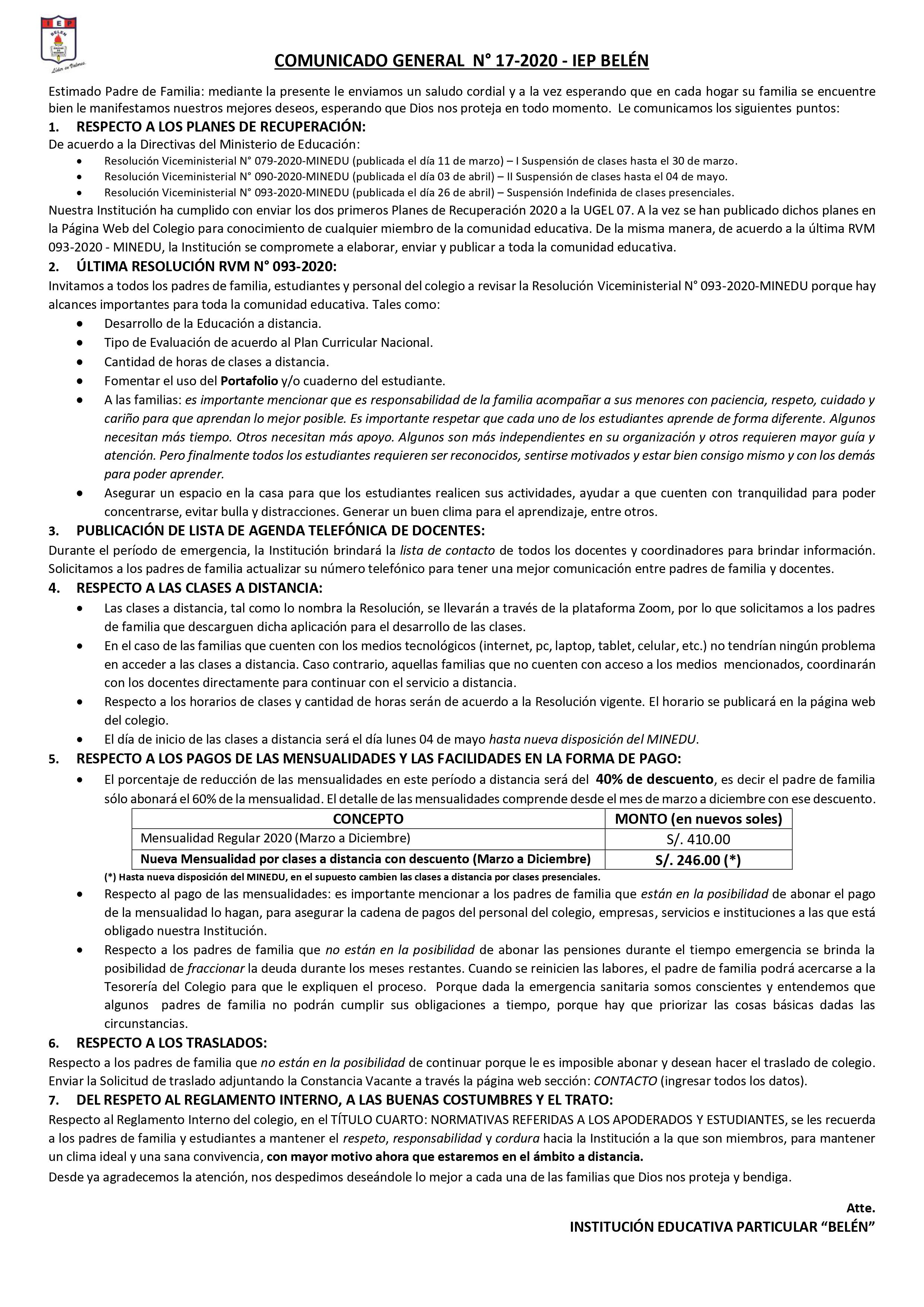 Comunicado General N° 17-2020