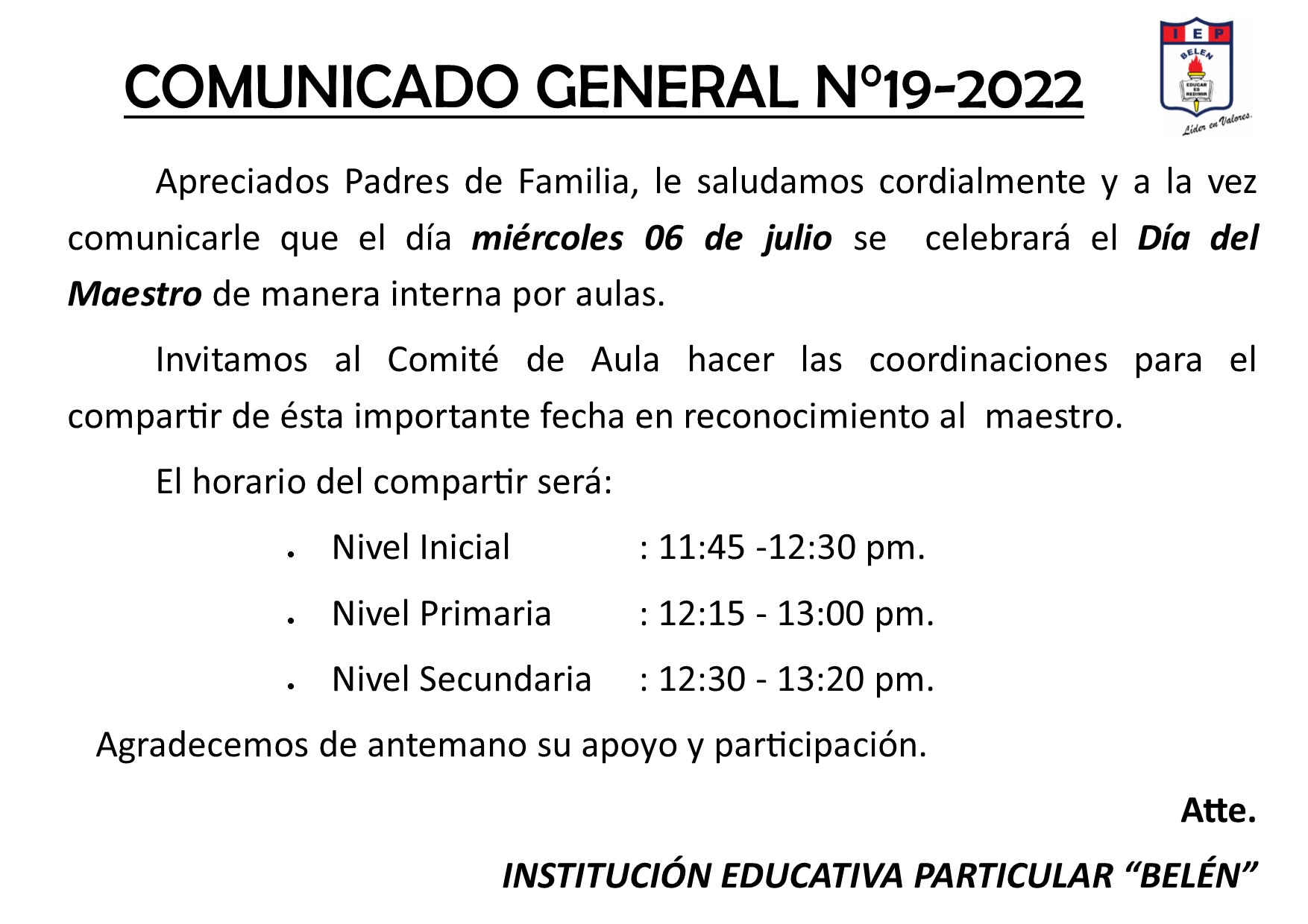 Comunicado General N° 19-2022