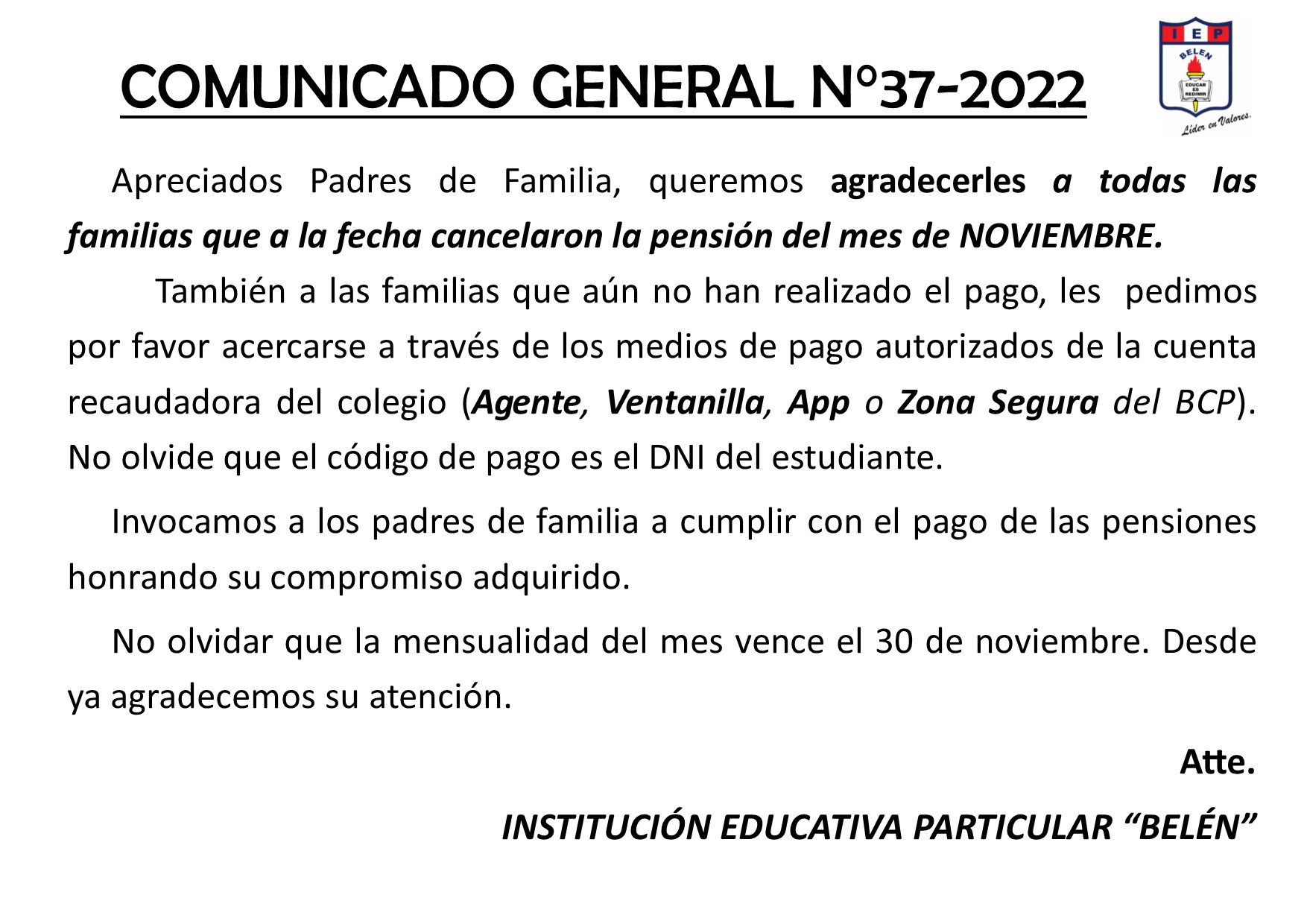 Comunicado General N° 37-2022