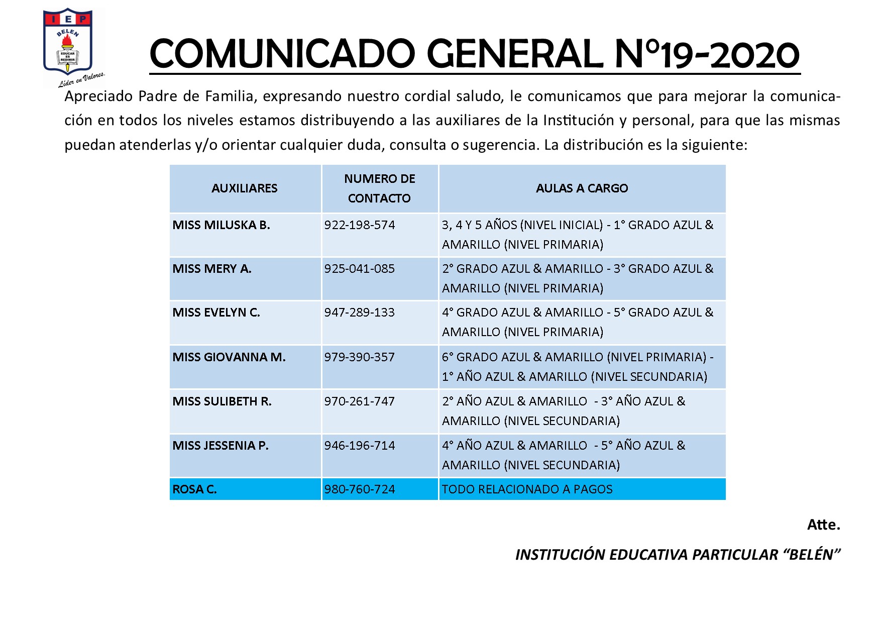 Comunicado General N° 19-2020