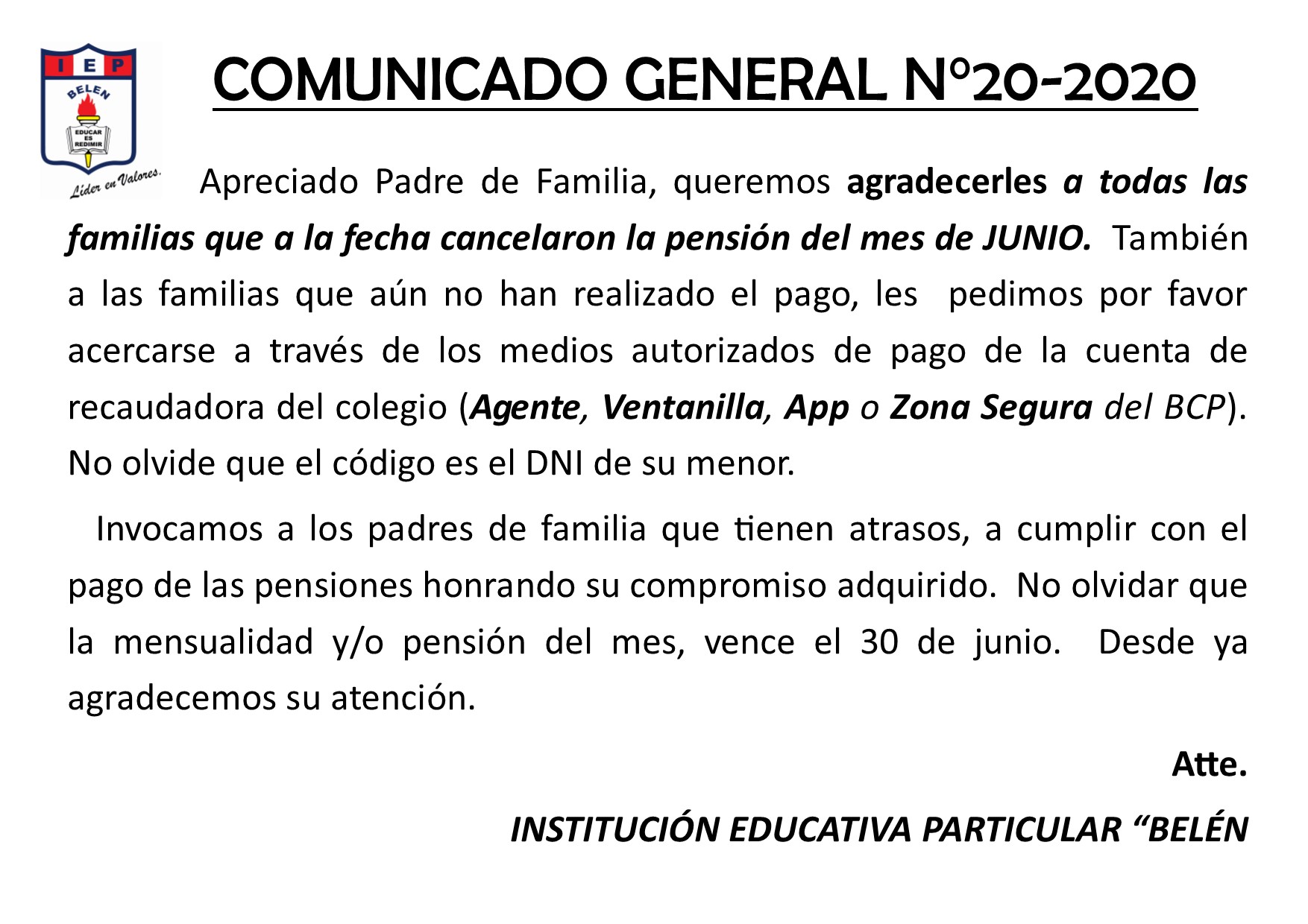 Comunicado General N° 20-2020