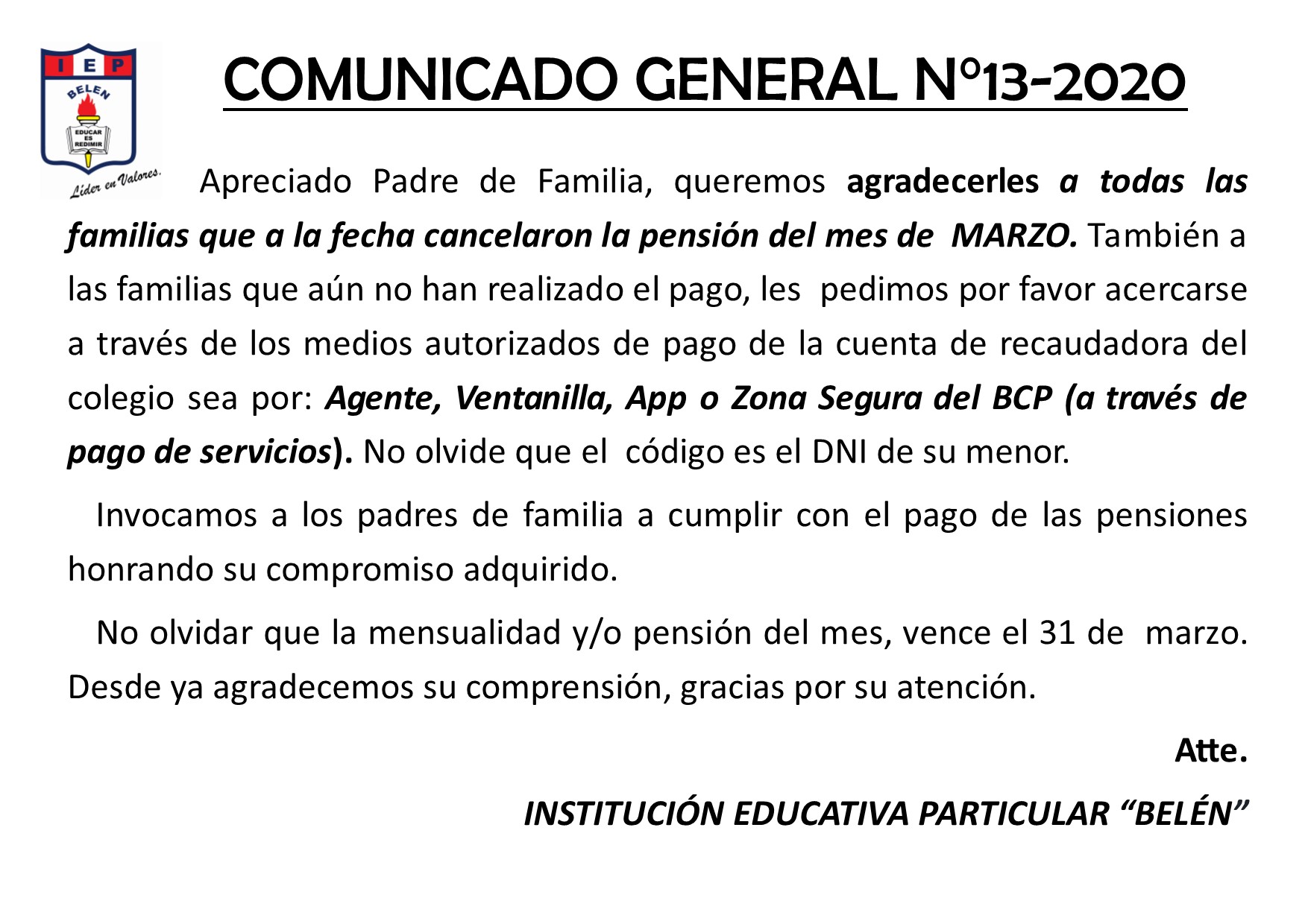 Comunicado General N° 13-2020