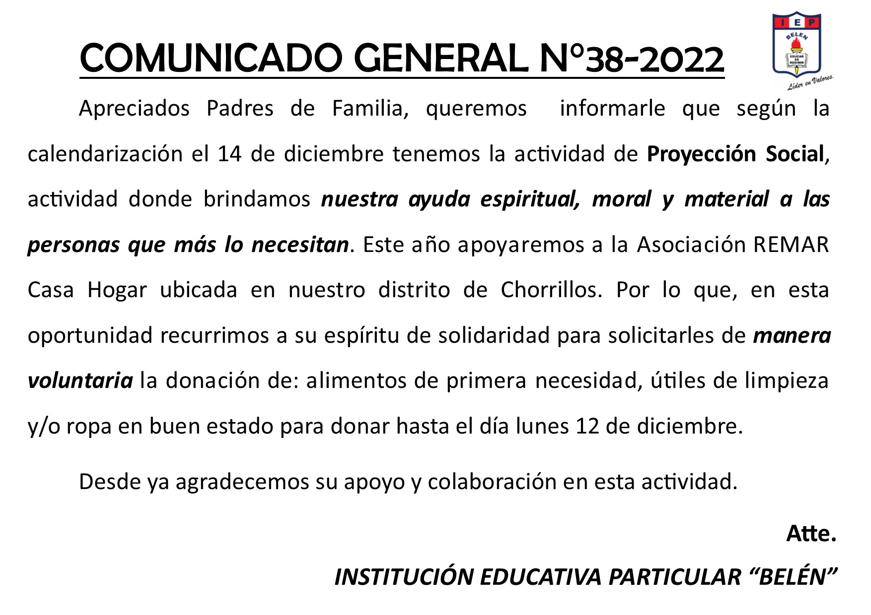 Comunicado General N° 38-2022